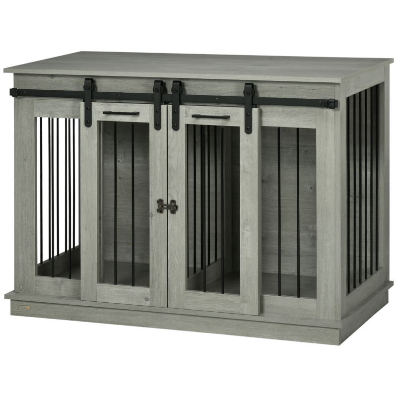 PawHut Hundebox, Haustierbox, Hundehütte mit Zweiraum-Option für Mittelegroße Hunde, Hundebox mit Doppeltüren, Hundehaus, Grau, 120 x 60 x 88,5 cm Aosom – Bild 1 von 2