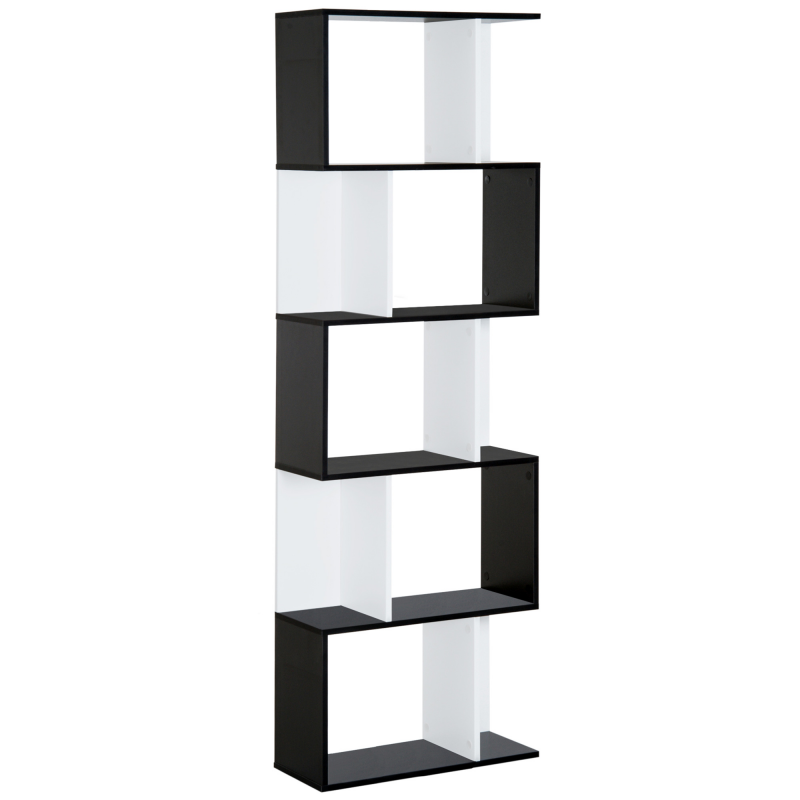HOMCOM Bücherregal S-förmig Ausstellungsregal Standregal 5-stöckiger moderner Raumteiler Spanplatte Schwarz 60 x 24 x 184,5 cm Aosom – Bild 1 von 2