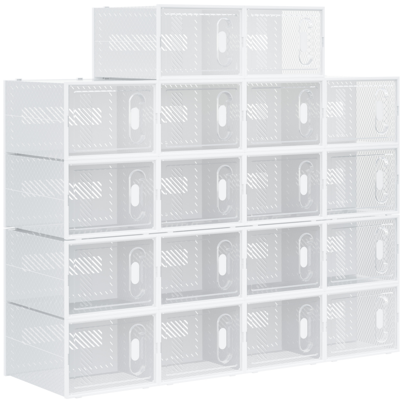 HOMCOM 18er Set Schuhboxen, Schuh-Organizer mit magnetischen Türen, Schuhkarton mit Deckel, Schuhaufbewahrung aus Kunststoff, für Schuhe bis Größe 45, Transparent+Weiß Aosom – Bild 1 von 2
