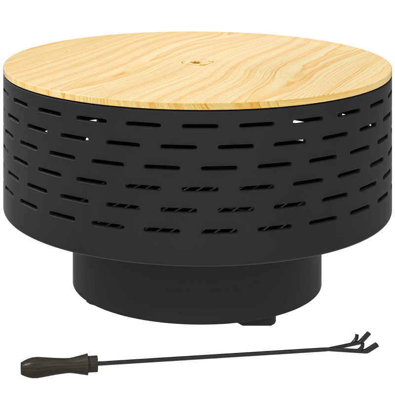 Outsunny 3-in-1 Feuerschale Ø60 x 39cm aus Edelstahl Feuerstelle mit Grillrost Schürhaken Funkenschutz in Holzoptik Feuerschalen Feuerkorb für Garten, Balkon Terrasse, Outdoor BBQ Camping Kohlegrau Aosom – Bild 1 von 2