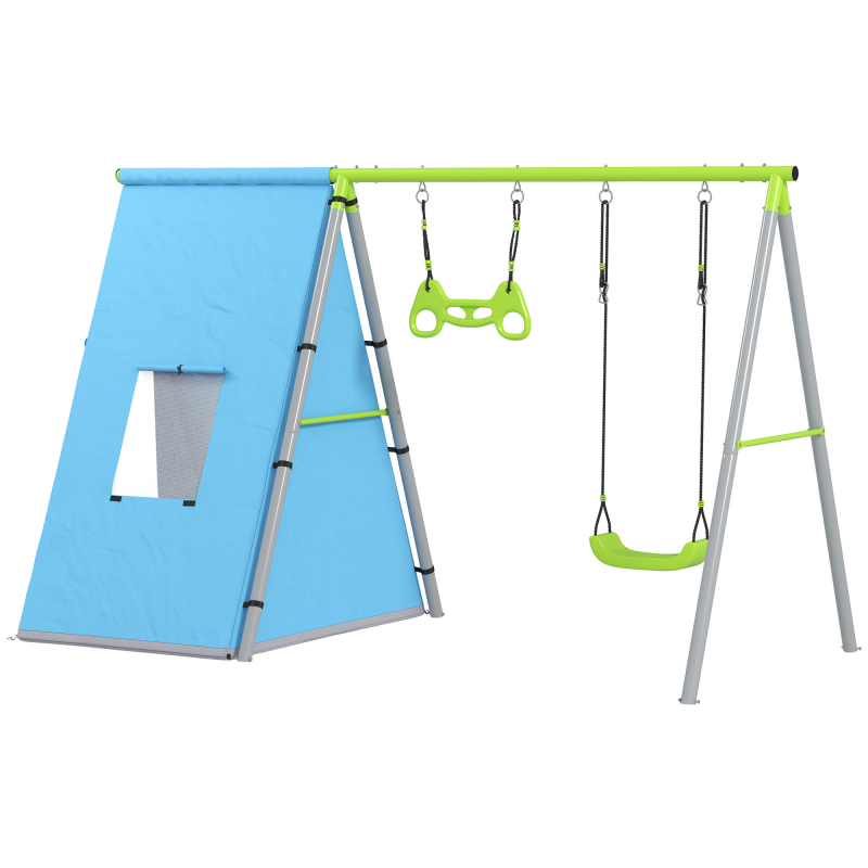 AIYAPLAY 3 in 1 Schaukelgestell Outdoor Schaukelgerüst mit Spielzelt, Schaukel und Turnringe, Kinderschaukel mit Metallgestell, Gartenschaukel für Kinder Grün Aosom – Bild 1 von 2