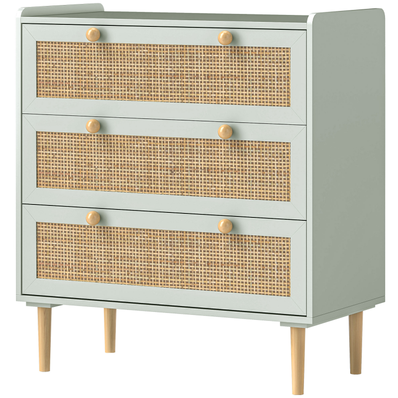 HOMCOM Kommode Beistellschrank mit 3 Schubladen, Sideboard mit Boho-Stil, Rattanoptik, Schubladenkommode für Wohnzimmer, Schlafzimmer, Hellblau 80 x 40 x 87,5 cm Aosom – Bild 1 von 2