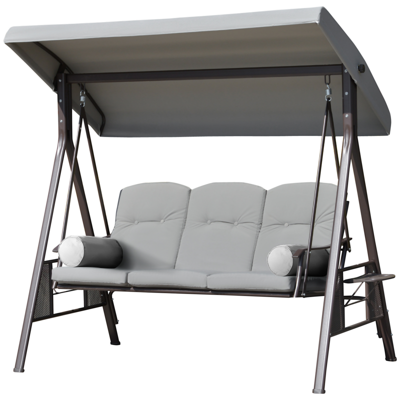 Outsunny Gartenliege mit 3 Plätzen, verstellbarem Dach, Kissen, ausziehbaren Tabletts, 220 g/m² Polyester in Hellgrau Aosom – Bild 1 von 2