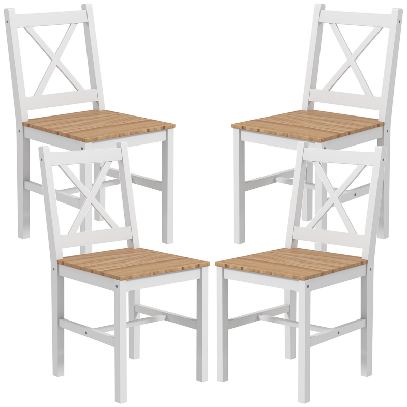 HOMCOM Set mit 4 Esszimmerstühlen, Küchenstühle, Landhausstil, hohe Rückenlehne, Kiefernholzgestell, für Wohnzimmer, Schlafzimmer, Küche, Naturholz und Weiß Aosom – Bild 1 von 2