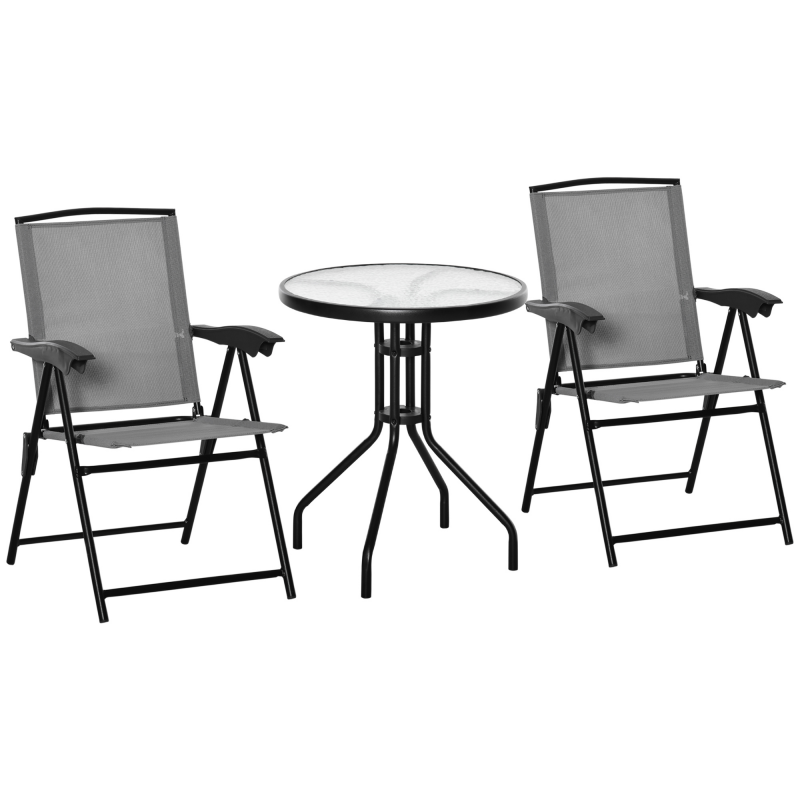 Outsunny 3-teiliges Gartenmöbelset, 2 klappbare Mehrpositions-Stühle + runder Tisch Gehärtetes Glas Stahl Textilene Grau Aosom – Bild 1 von 2
