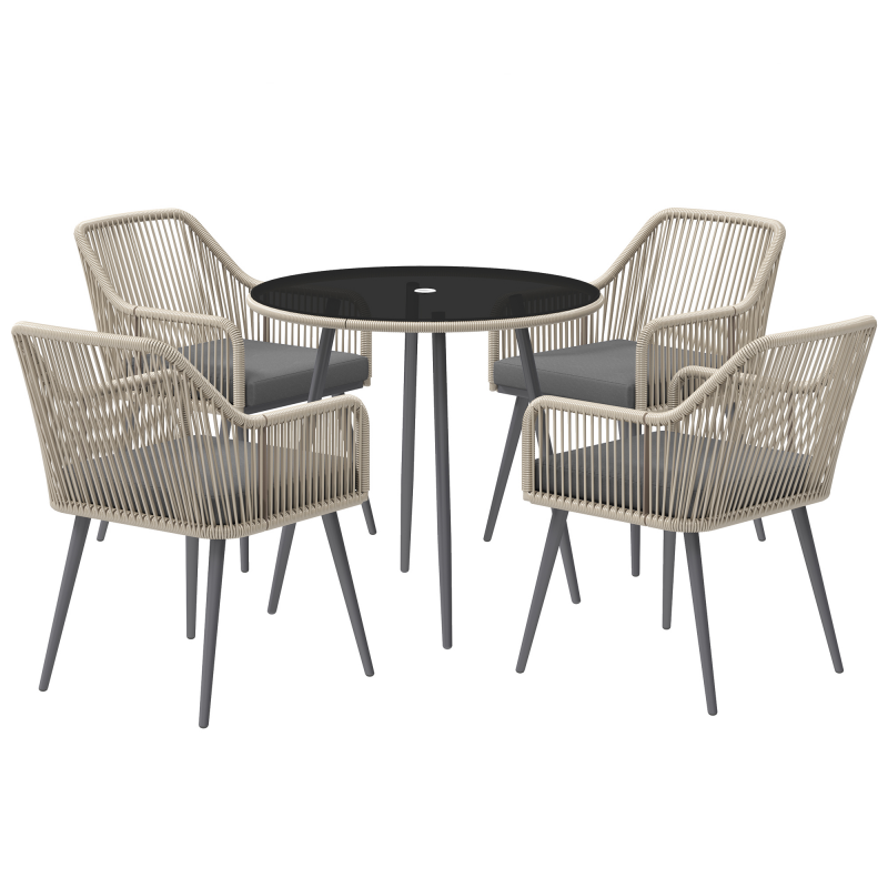 Outsunny Gartenmöbel-Set im Freien aus geflochtenem Rattan für 4 Personen, Tisch und Stühle für den Außenbereich, Gartenmöbel mit Kissen und runder Glastischplatte, für Terrasse, Garten, Balkon, Braun Aosom – Bild 1 von 2