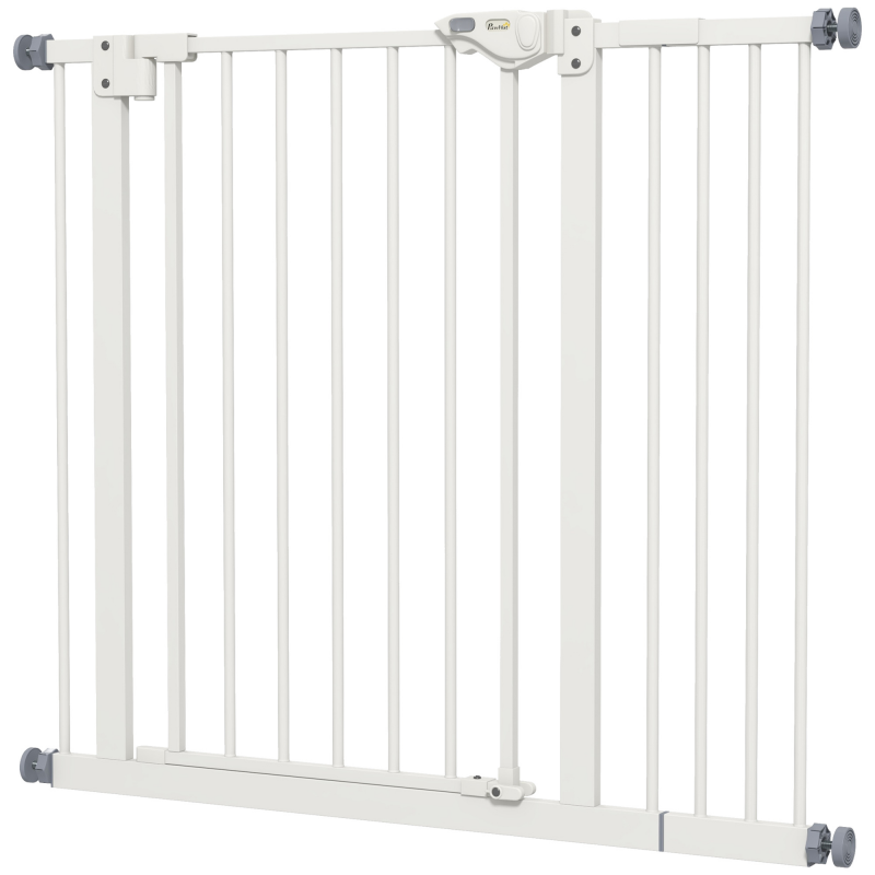PawHut Türschutzgitter Hunde, Absperrgitter, 74-80/87-94 cm, Treppenschutzgitter für Haustier, Hundegitter inkl. verschiedene Verlängerungen, Schutzgitter ohne Bohren, Metall, Kunststoff, Weiß Aosom – Bild 1 von 2