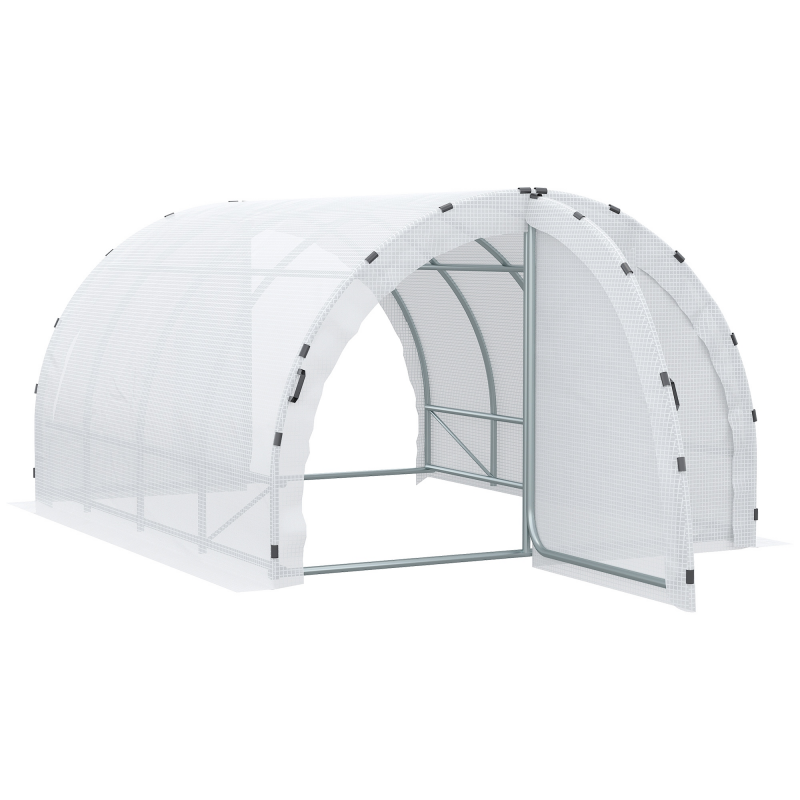 Outsunny Gewächshaus Tunnel Garten 12 m² Bodenfläche 4L x 3B x 2H m Verstärktes Stahlrohr-Gestell 25 mm Doppeltür mit Griffen Weiß Aosom – Bild 1 von 2