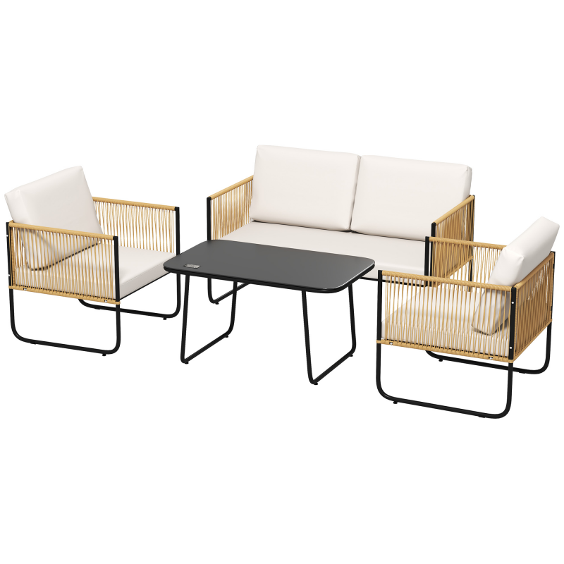 Outsunny Gartenmöbel-Set für 4 Personen im Freien, Balkonmöbel-Set aus Polyrattan mit 2-Sitzer-Sofa, Sesseln und Glastisch, abnehmbare Kissen inklusive, Creme Aosom – Bild 1 von 2