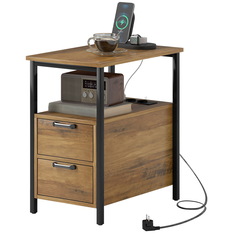 HOMCOM Beistelltisch, Nachttisch, mit 2 Steckdosen, USB-Anschluss, Typ C, 2 Schubladen und Regal, 143 cm Kabel, Metallrahmen, Naturholz Aosom – Bild 1 von 2