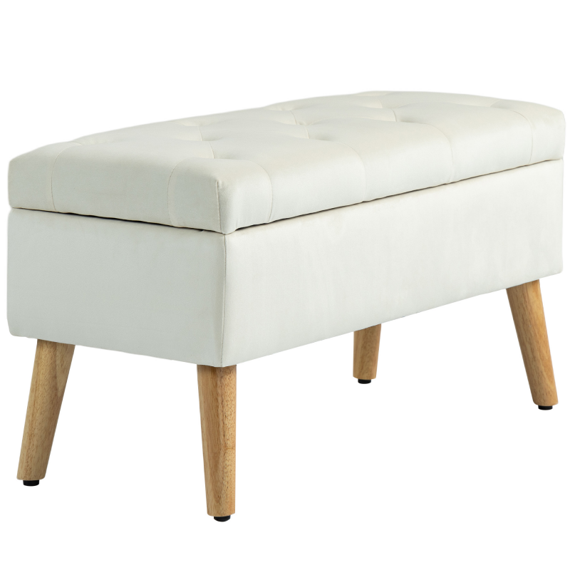 HOMCOM Aufbewahrungsbank, Truhe, mit Deckel, samtartiger Stoff, Gummibaumholzbeine, Belastbarkeit bis zu 120 kg, für Wohnzimmer, Schlafzimmer, Flur, 80 x 35 x 40 cm, Creme Aosom – Bild 1 von 2