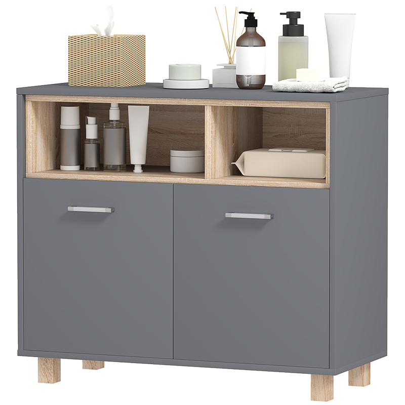 HOMCOM Badezimmerschrank Aufbewahrung, modernes Design mit offenen Fächern und Doppeltüren, Badezimmerschrank, Wohnzimmer, Küche - 80 B x 35 T x 70 H cm, Grau Aosom – Bild 1 von 2