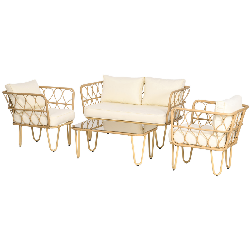 Outsunny Gartenmöbel-Set 4-teilig 2-Sitzer-Sofa + 2 Sessel + 1 Couchtisch mit Glasplatte 7 Kissen - Metall und Rattan-Geflecht - Beige Aosom – Bild 1 von 2