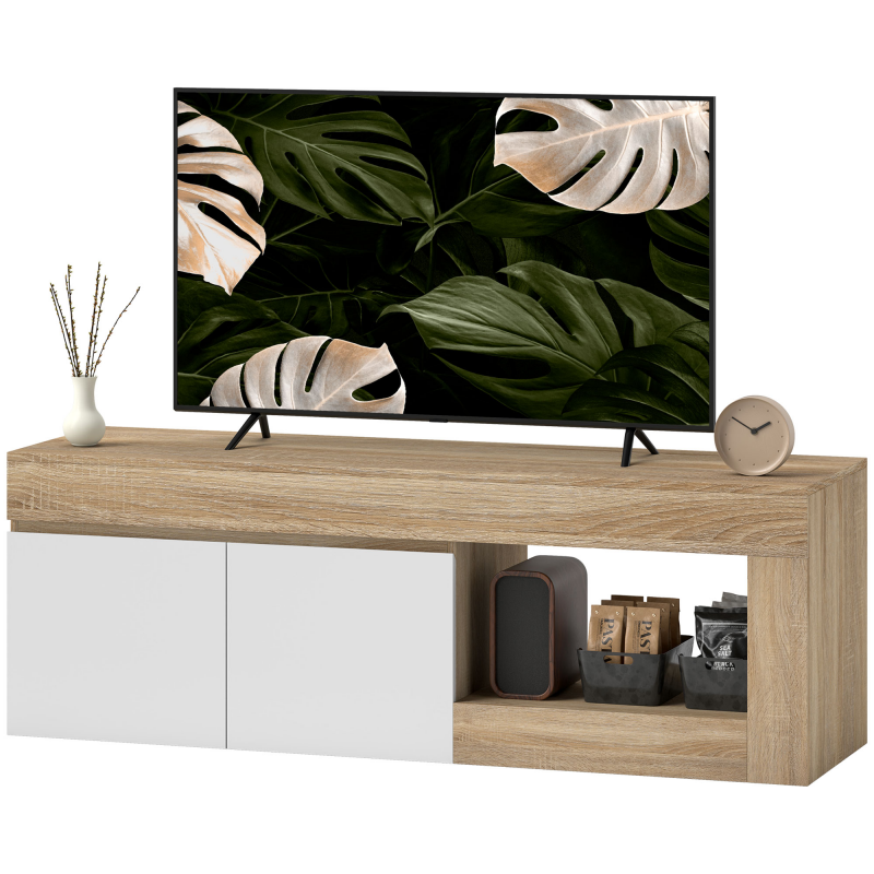 HOMCOM TV-Möbel Fernsehmöbel Holz TV-Bank für Fernseher bis zu 60 Zoll mit 2-türigem Schrank und offenem Fach für Wohnzimmer Schlafzimmer, 140 x 40 x 48 cm, Naturholzeffekt Aosom – Bild 1 von 2