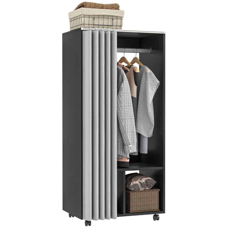 HOMCOM Kleiderschrank mobiler Kleiderschrank mit Vorhang, Spanplatten, Kleiderstange, schwarz Aosom – Bild 1 von 2