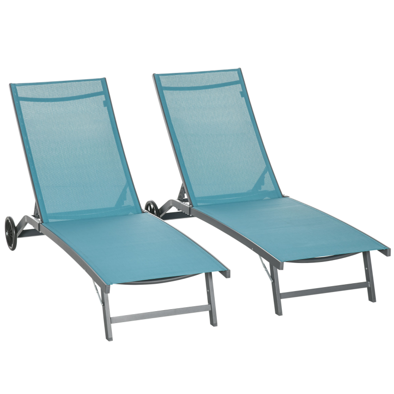 Outsunny Set mit 2 Sonnenliegen Liegestuhl Aluminium und Textilene mit Rollen verstellbarer Rückenlehne max. 150 kg Blau Aosom – Bild 1 von 2