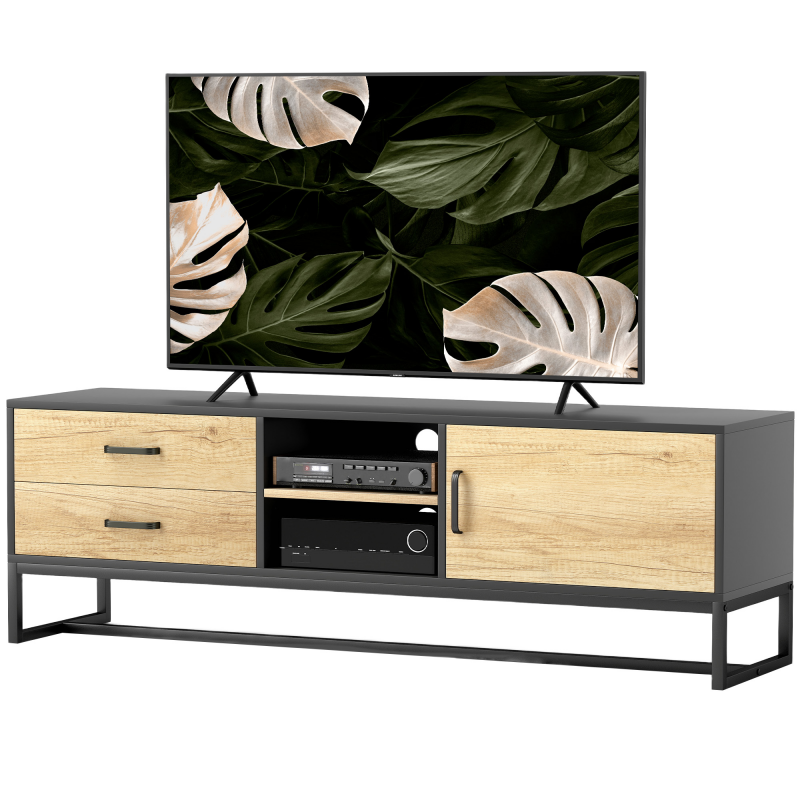 HOMCOM TV-Schrank TV-Möbel TV-Bank für Fernseher bis zu 60 Zoll mit Schrank, offenen Fächern, 2 Schubladen, verstellbarem Regal und Kabeldurchführungen für Wohnzimmer Schlafzimmer, Naturholz Aosom – Bild 1 von 2