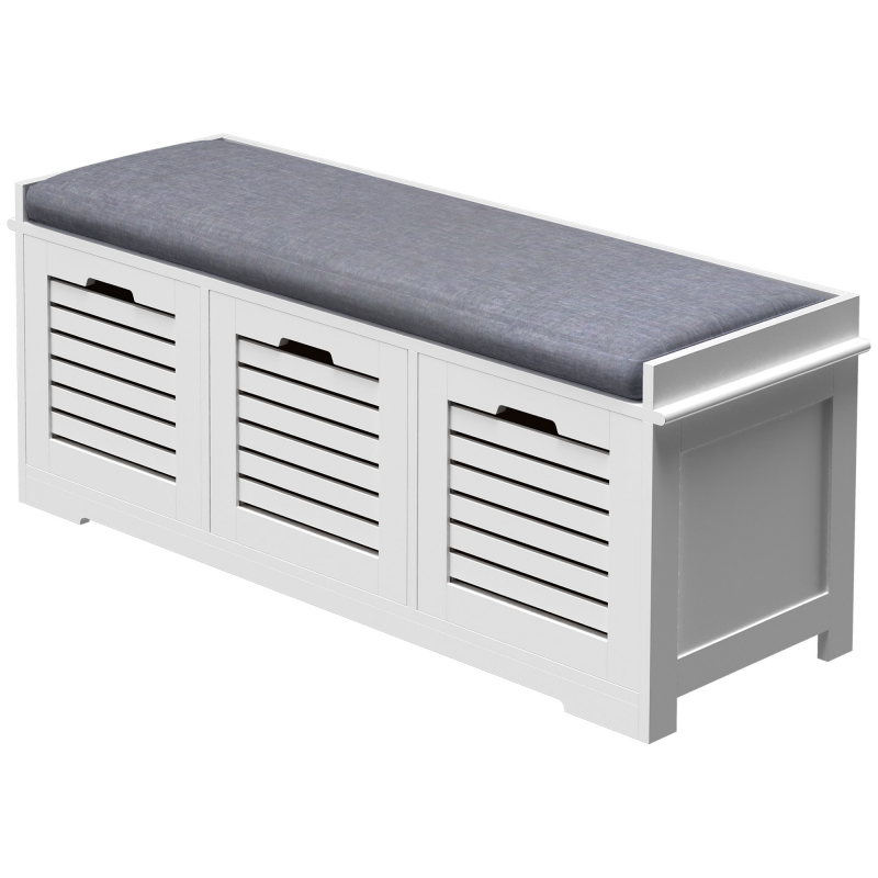 HOMCOM Schuhbank Schuhregal mit 3 Schubladen und abnehmbarem Sitzkissen, Aufbewahrungsbank für Flur, Eingang, Schlafzimmer, Maße 108L x 35B x 43H cm, weiß Aosom – Bild 1 von 2