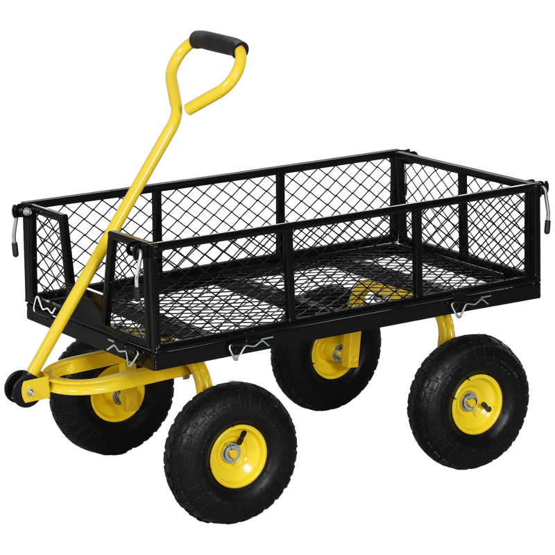 Outsunny Gartenwagen aus Stahl, Transportwagen, abnehmbare Seiten verwandelbar in Liegefläche, 4 Räder, 200 kg, Handwagen, Anhänger, 180° drehbarer Griff, Schwarz und Gelb Aosom – Bild 1 von 2