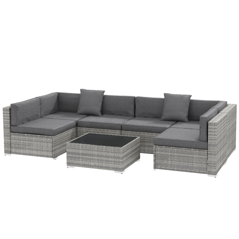 Outsunny 7-teiliges modulares Gartenmöbel-Set mit Glastischplatte und abnehmbaren Kissen inklusive grau Aosom – Bild 1 von 2