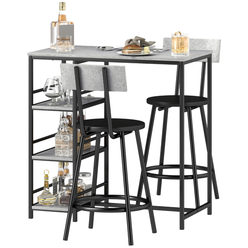 HOMCOM Barisch-Set mit Hockern, Stehtisch mit 2 Barhockern, Küchenbar mit Regalen, hoher Barisch und 2 Hocker für Esszimmer, Küche, Grau und Schwarz Aosom – Bild 1 von 2