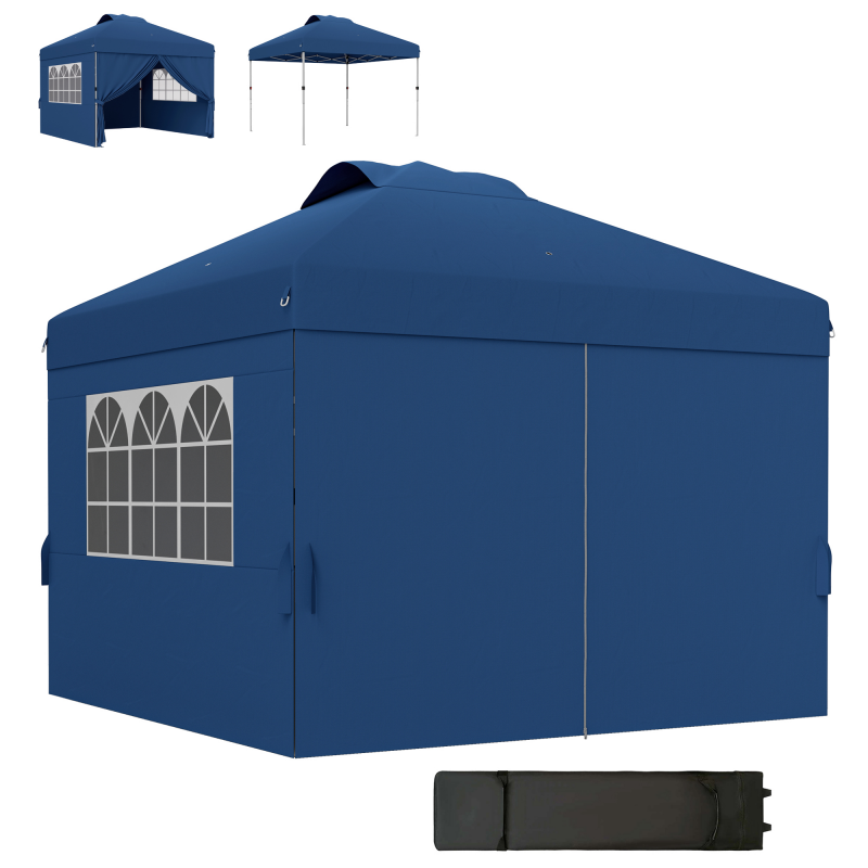 Outsunny Faltbare Gartenpavillon Pop-Up Partyzelt 3 x 3 Höhenverstellbar mit Seitenwänden, Belüftungen, Fenstern und Transporttasche mit Rollen Oxford-Stoff - Dunkelblau Aosom – Bild 1 von 2