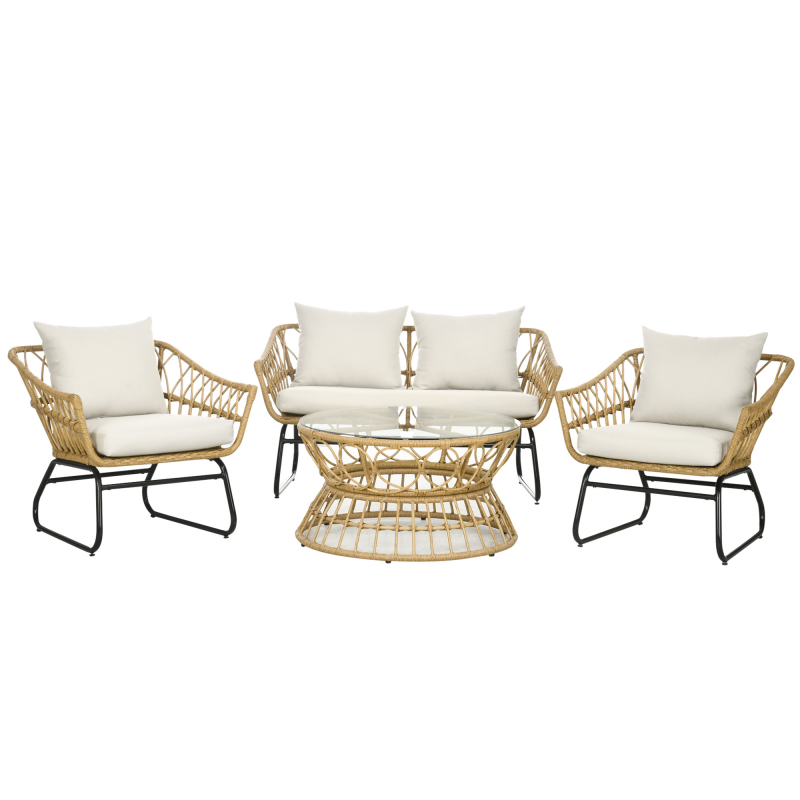 Outsunny Gartenmöbel 4-teilig aus Polyrattan 2-Sitzer-Sofa + 2 Sessel + 1 Glastisch gehärtete Glasplatte 7 Kissen - Stahlstruktur - Sand und Creme Aosom – Bild 1 von 2