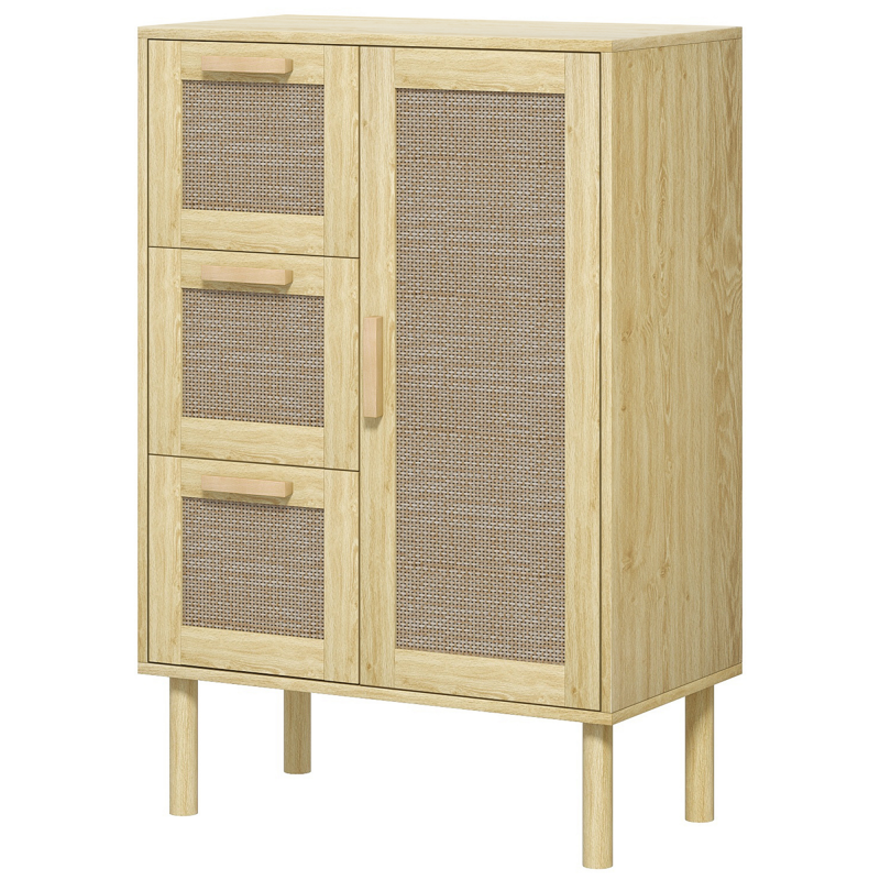 HOMCOM Badezimmerschrank Aufbewahrung, Bohème-Stil Möbel mit Schublade und Schrank, verstellbare Regale, Rattantür, Badezimmer-Schrank, Wohnzimmer, Küche - 55 x 30 x 82 cm, Eiche Aosom – Bild 1 von 2