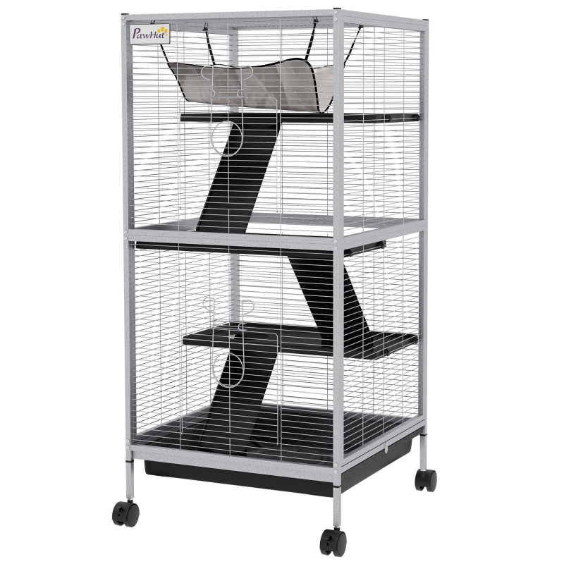PawHut Käfig für Kleintiere Portable auf 4 Ebenen Chinchilla-Käfig Frettchenkäfig mit Rollen, 2 Türen, 3 Rampen, Hängematte und herausnehmbarem Tablett, 52 x 52 x 113,5 cm Weiß Aosom – Bild 1 von 2
