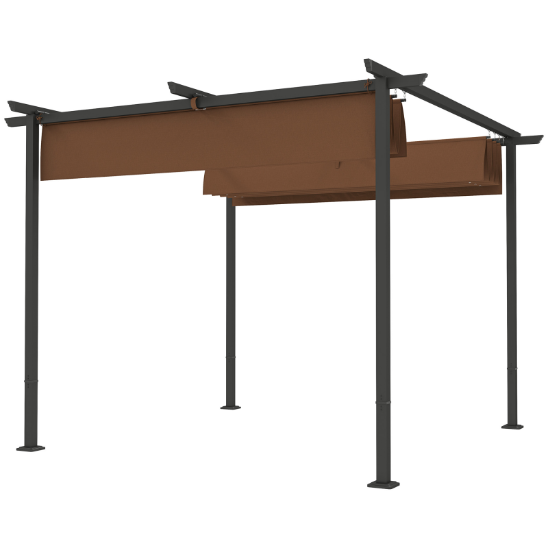 Outsunny Pergola Garten Outdoor 3 x 3 m ausziehbares Schiebedach, Gartenpavillon aus 180 g/m² hochdichtem Polyesterstoff, Sonnenschutz UPF30+, für Terrasse, Patio, Hinterhof, braun Aosom – Bild 1 von 2