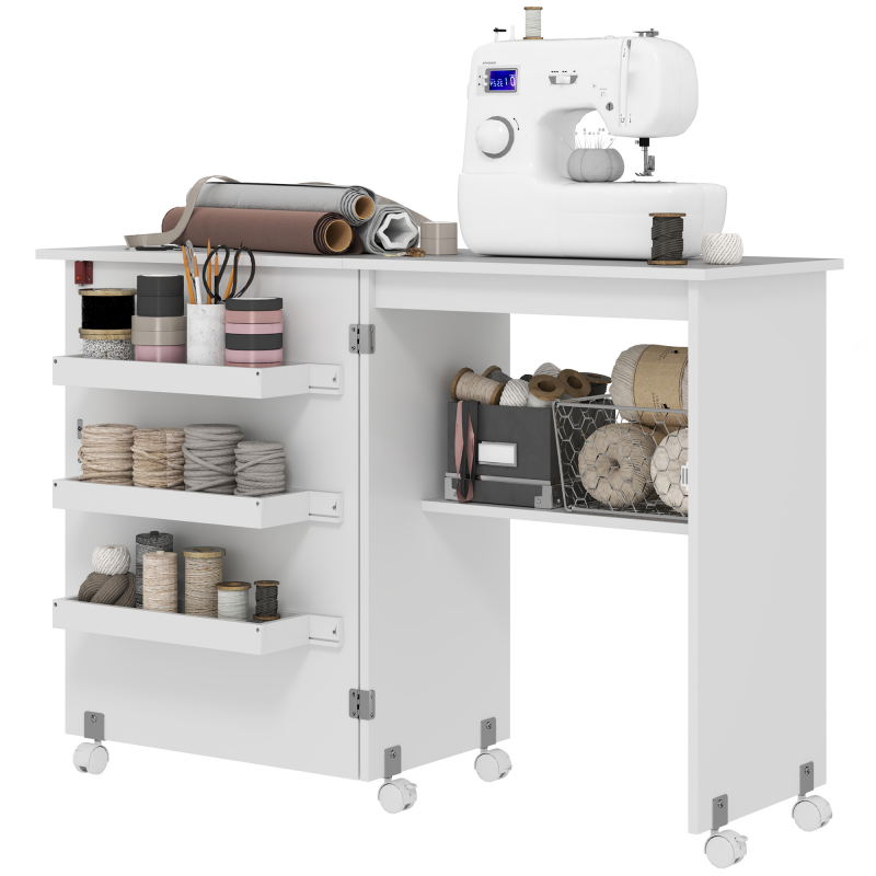 HOMCOM Klappbarer Nähtisch mit Aufbewahrungsfächern, offenem Regal und Rollen, Nähtisch für Nähmaschine, für Wohnzimmer, Büro, Studio, Abm. 118 x 40 x 79,5 cm, Weiß Aosom – Bild 1 von 2
