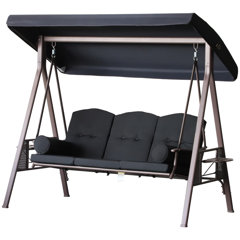 Outsunny Garten Hollywoodschaukel 3-Sitzer Grand Comfort Verstellbares Dach Kissen Ausziehbare Tabletts Spinnstoff-Polyester Schwarz Aosom – Bild 1 von 2