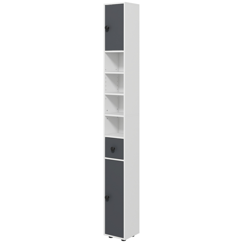 kleankin Badezimmerschrank hoch schmal mit 4 verstellbaren Regalen, 1 Schublade und 2 Schränken, modernes Design 20 x 20 x 180 cm Grau Aosom – Bild 1 von 2