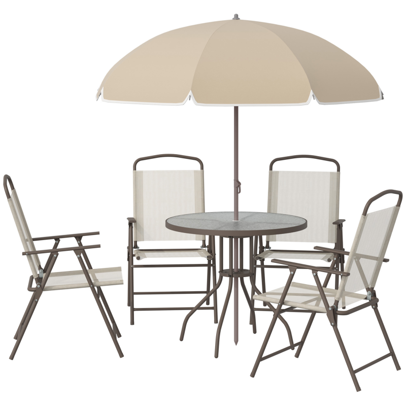 Outsunny Gartenmöbelset 6-teilig - Runder Tisch + 4 klappbare Stühle + Sonnenschirm - Epoxidbeschichteter Stahl in Braun Textilene Polyester in Beige Aosom – Bild 1 von 2