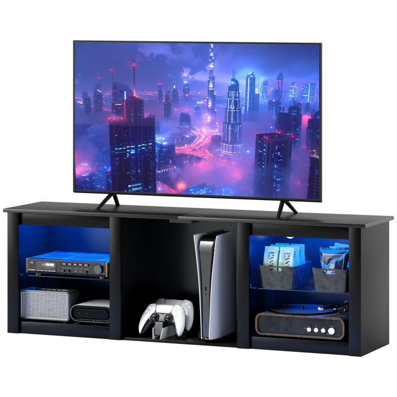 HOMCOM TV-Möbel mit RGB-LED-Beleuchtung, TV-Holzmöbel für Fernseher bis zu 65 Zoll mit verstellbaren Glastablaren, 5 Fächern, Kabeldurchführungen und Fernbedienung für Wohnzimmer, Schlafzimmer, Abmessungen 160 x 35 x 35 cm, schwarz Aosom – Bild 1 von 2
