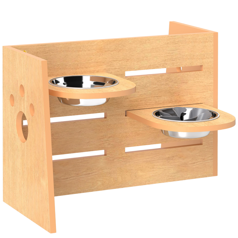 PawHut Erhöhte Hundeschüssel mit 3 höhenverstellbaren Ebenen, Hundeschüssel mit 2 Edelstahlschüsseln, langsamer Fütterungsmatte, separatem Design, für kleine, mittlere und große Hunde, Eiche Aosom – Bild 1 von 2