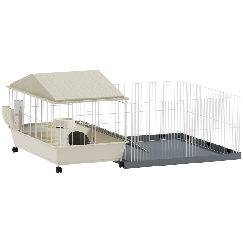 PawHut Meerschweinchenkäfig, Kleintierkäfig mit abnehmbarem Gehege, wasserdichter Teppich, Balkon, Futternapf, rampe à couverture souple, 4 Räder, für Meerschweinchen, Igel beige Aosom – Bild 1 von 2