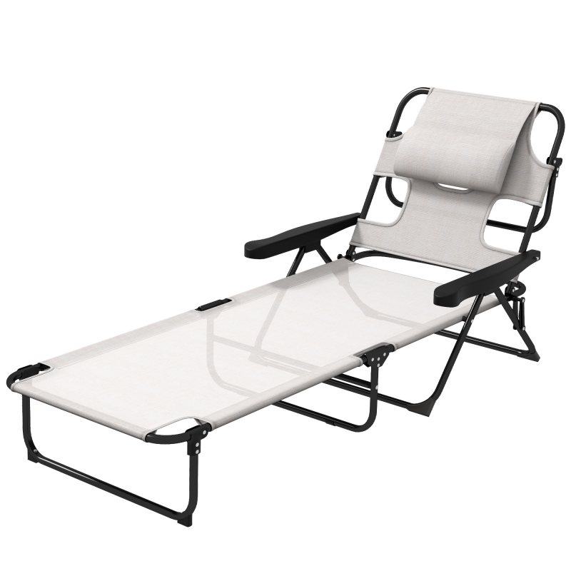 Outsunny Sonnenliege faltbare Liege mit Kopfkissen, Leseloch, verstellbarer Rückenlehne aus Textilene, Gartenliege für Strand Entspannung Camping Pool Terrasse, Creme Aosom – Bild 1 von 2