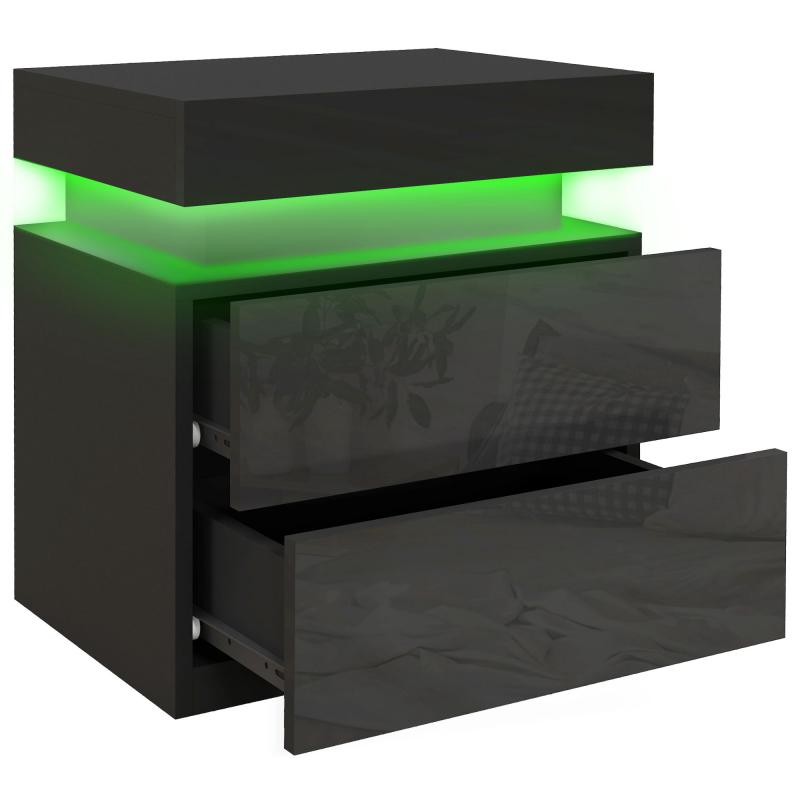 HOMCOM Nachttisch, Nachttisch, mit RGB-LED-Licht, hochglänzende Schubladenfront, Beistelltisch mit 2 Schubladen, für Wohnzimmer, Schlafzimmer, Schwarz Aosom – Bild 1 von 2