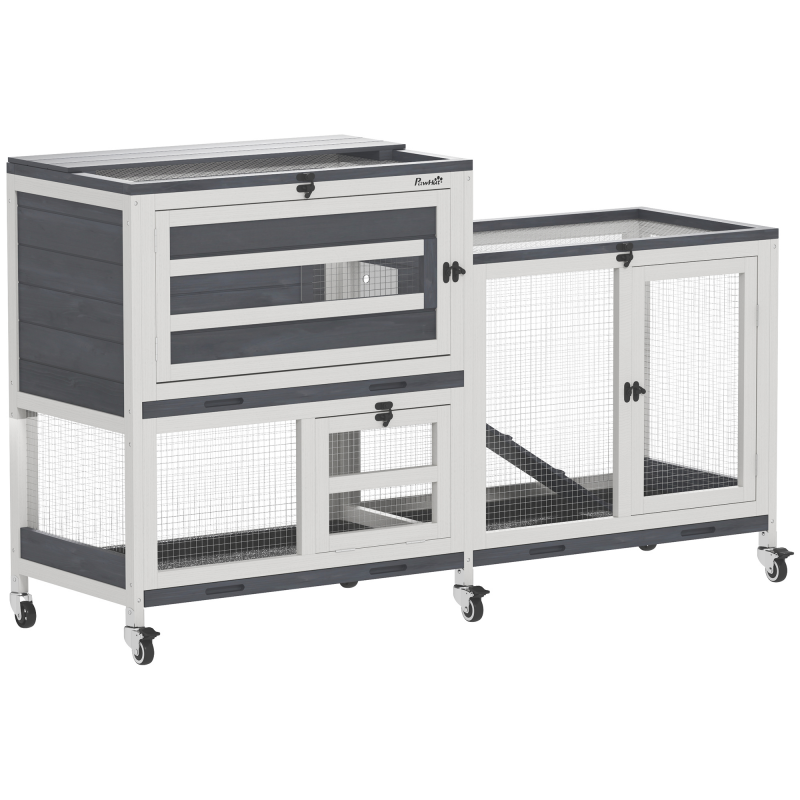 PawHut Kaninchenstall Innenkäfig für Kaninchen 2-stöckig mit Rollen, 2 ausziehbaren Plattformen, 3 Kunststofftabletts, Kaninchenstall aus Holz für 2-3 Kaninchen, Meerschweinchen, 147 x 45 x 89,5 cm, grau Aosom – Bild 1 von 2