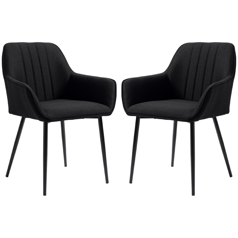 HOMCOM Esszimmerstühle Besucherstühle Design skandinavisch - Set mit 2 Stühlen - Schwarze filigrane Metallbeine - Ergonomische Sitzfläche Rückenlehne Armlehnen - Schwarzes Leinen Aosom – Bild 1 von 2