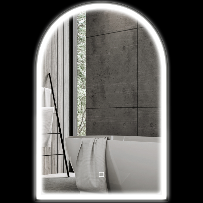 HOMCOM Badezimmerspiegel 90 x 60 cm, Bogen-Wandspiegel, Badezimmerspiegel mit LED-Beleuchtung, 3 einstellbare Lichtfarben, Antibeschlag, Speicher, Touchschalter, Aluminiumrahmen - Schwarz Aosom – Bild 1 von 2