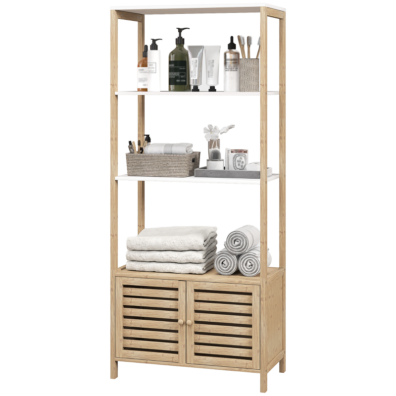 HOMCOM Badezimmerschrank mit 3 Regalen Hochschrank aus Bambus 1 Schrank mit Lamellentüren Erhöhte Basis 63 x 30 x 138 cm Naturholz und Weiß Aosom – Bild 1 von 2