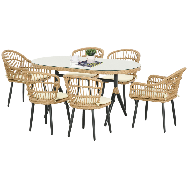 Outsunny Salon de Jardin 6 Personen Rattan PE Esszimmer-Set - 1 rechteckiger Tisch und 6 Stühle mit Kissen - gehärtete Glastischplatte, Stahlrahmen, Natürliches Holz Aosom – Bild 1 von 2