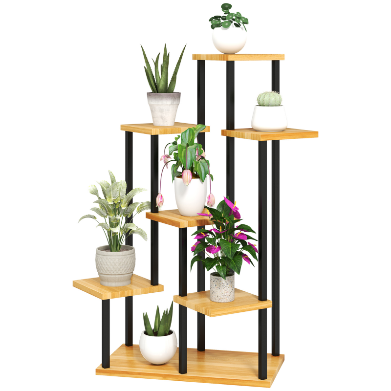 Outsunny Pflanzenregal mit 7 Ebenen für Innen und Außen, Pflanzenregal aus Stahl und Holz, Pflanzenständer für Garten, Terrasse, Balkon, Wohnzimmer, Naturholz Aosom – Bild 1 von 2