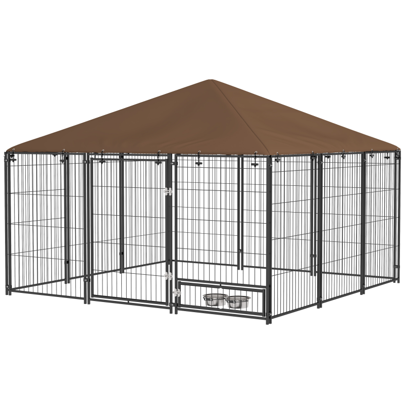 PawHut Hundezwinger im Freien aus Stahl und Oxford-Gewebe mit Napfhalter und wetterfester Dachoberfläche geräumiger Platz 211 x 211 x 151 cm Schwarz und Kaffee Aosom – Bild 1 von 2