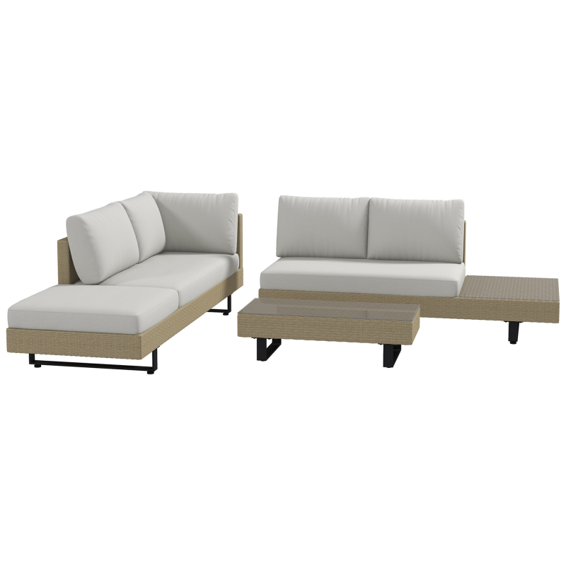 Outsunny Ecksofa-Set für 5 Personen modernes Design, abnehmbare Kissen, Couchtisch aus Epoxy-beschichtetem Stahl, beige Rattanimitat Geflecht Aosom – Bild 1 von 2