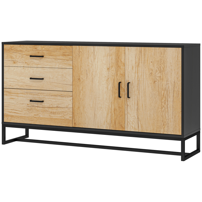 HOMCOM Buffet Wohnzimmer Aufbewahrungsschrank mit Schrank, 3 Schubladen und verstellbarem Regal, Stahlbeine, Griffe aus Aluminiumlegierung, für Wohnzimmer, Esszimmer, Maße 140 x 35 x 75 cm, Naturholz Aosom – Bild 1 von 2