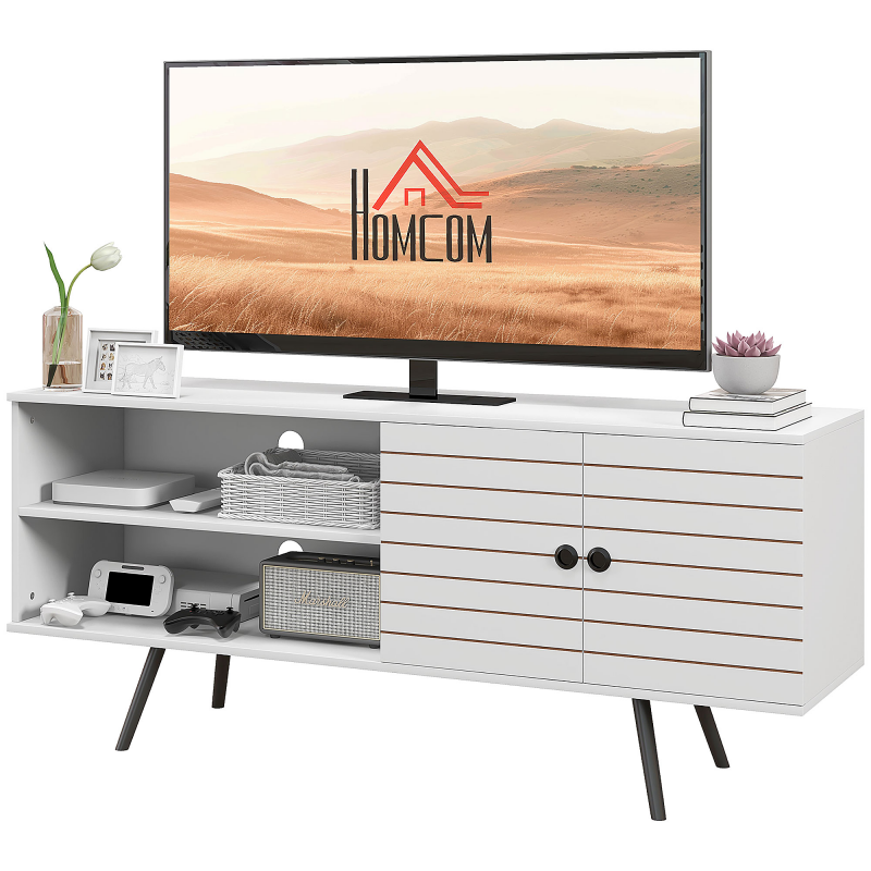 HOMCOM TV-Möbel TV-Bank TV-Möbel für Fernseher bis zu 65 Zoll mit 2 offenen Fächern und 1 verstellbarem Regal 145x38x65 cm Weiß Aosom – Bild 1 von 2