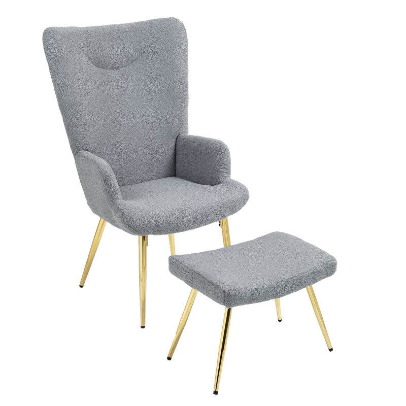 HOMCOM Sessel mit Fußhocker Lounge-Sessel Lesesessel mit goldenen Stahlbeinen, hoher Rückenlehne und Bouclé-Stoff, für Wohnzimmer Schlafzimmer Grau Aosom – Bild 1 von 2